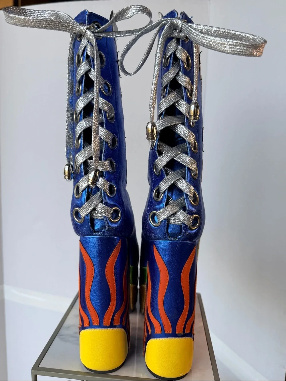 Dolls Kill Metallic Blue Flower & Cloud Platform Boots